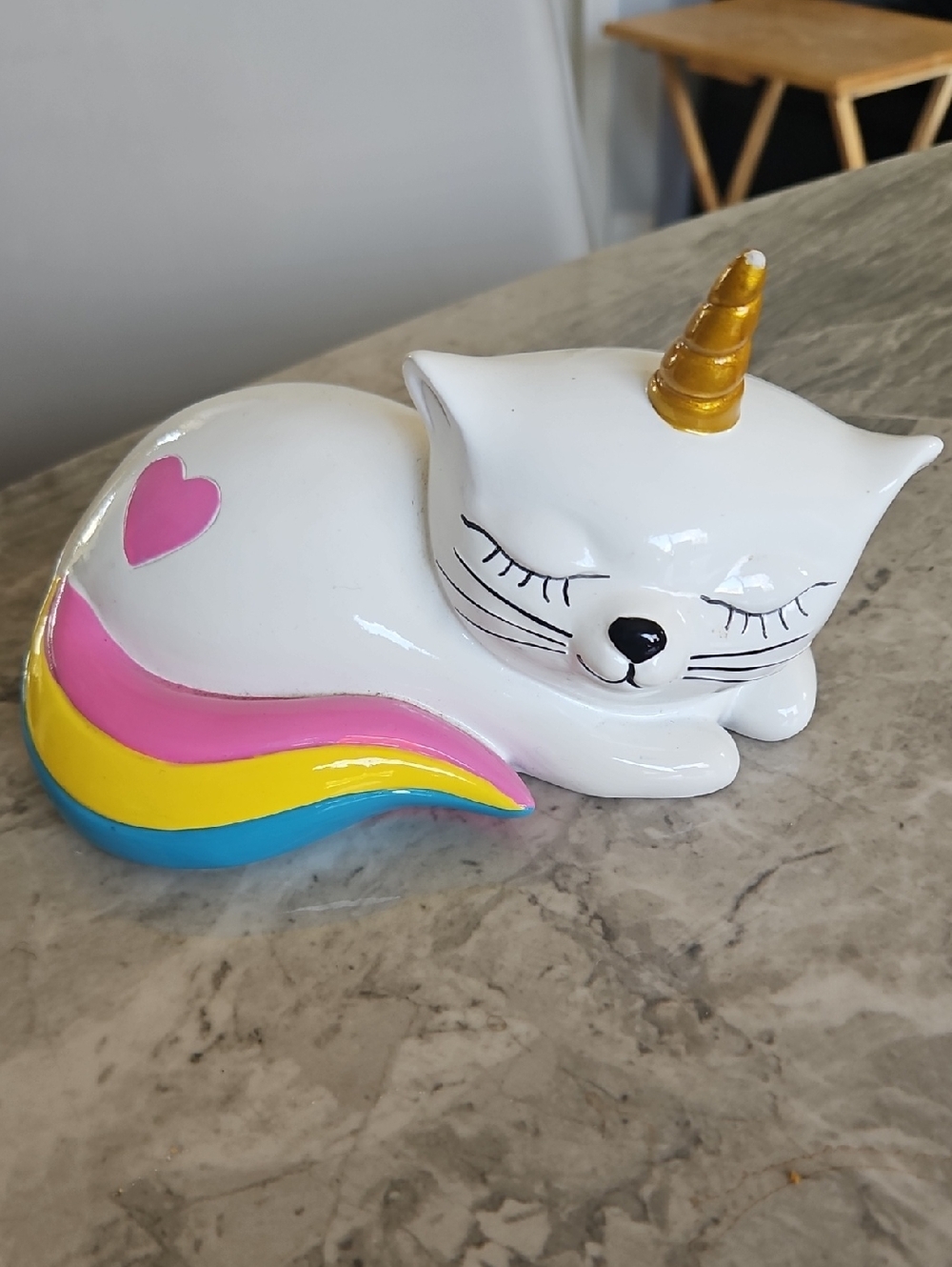 White Unicorn Cat Figurine Planter with Pink, Yellow & Blue Tail